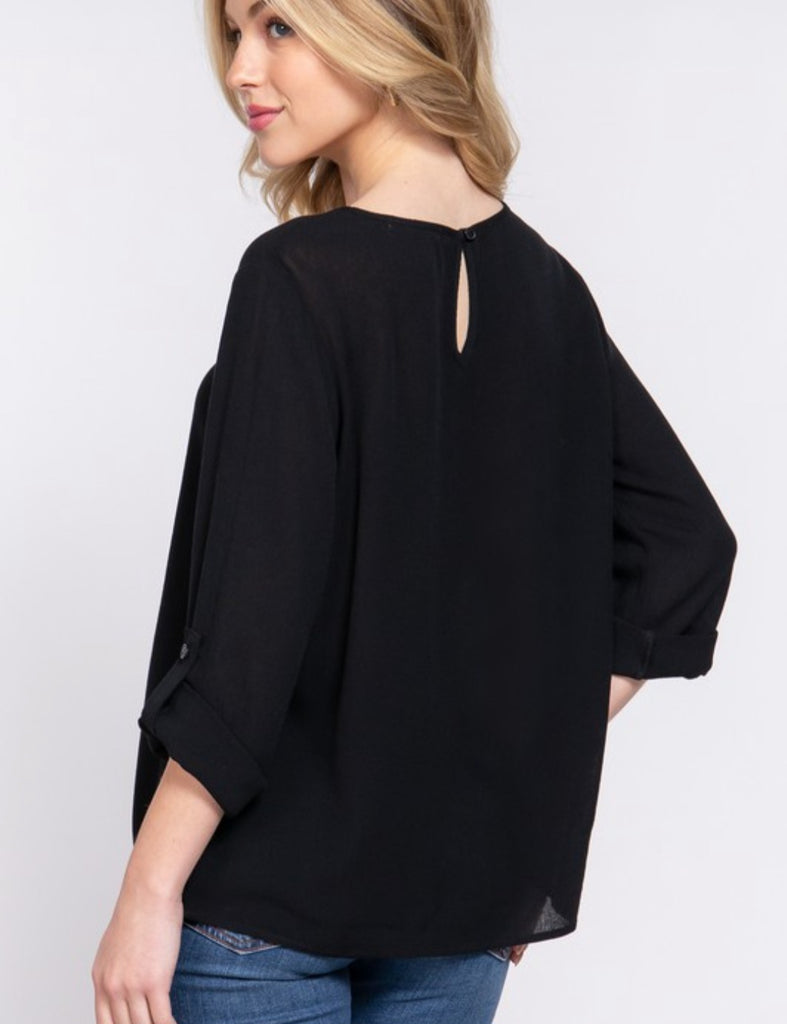 Black 3/4 Roll Up Sleeve Top