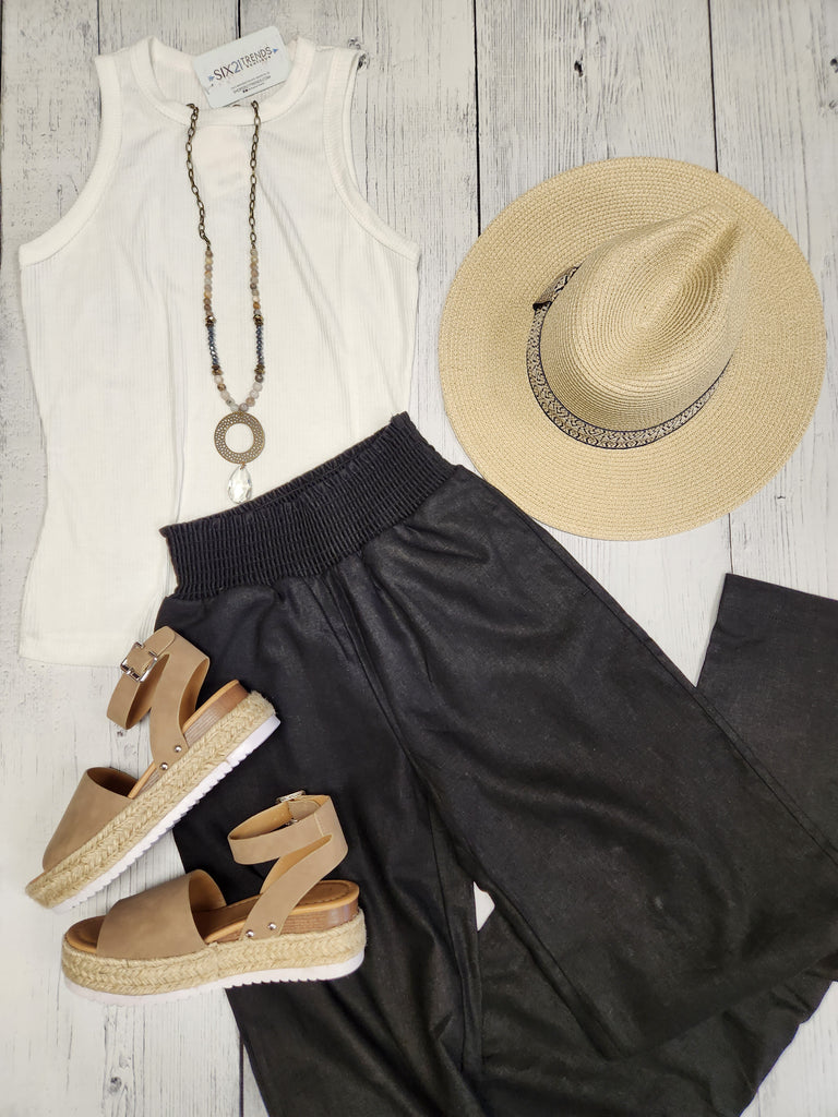 Black Smocked High Waisted Linen Pants (2 colors)