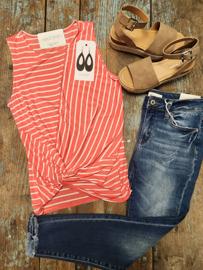 Deep Coral/Ivory Knot front sleeveless top