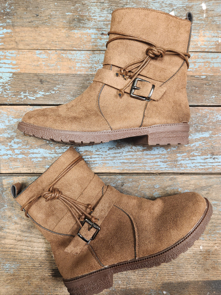 Faux Suede Zip Up Buckle Straps Ankle Boots