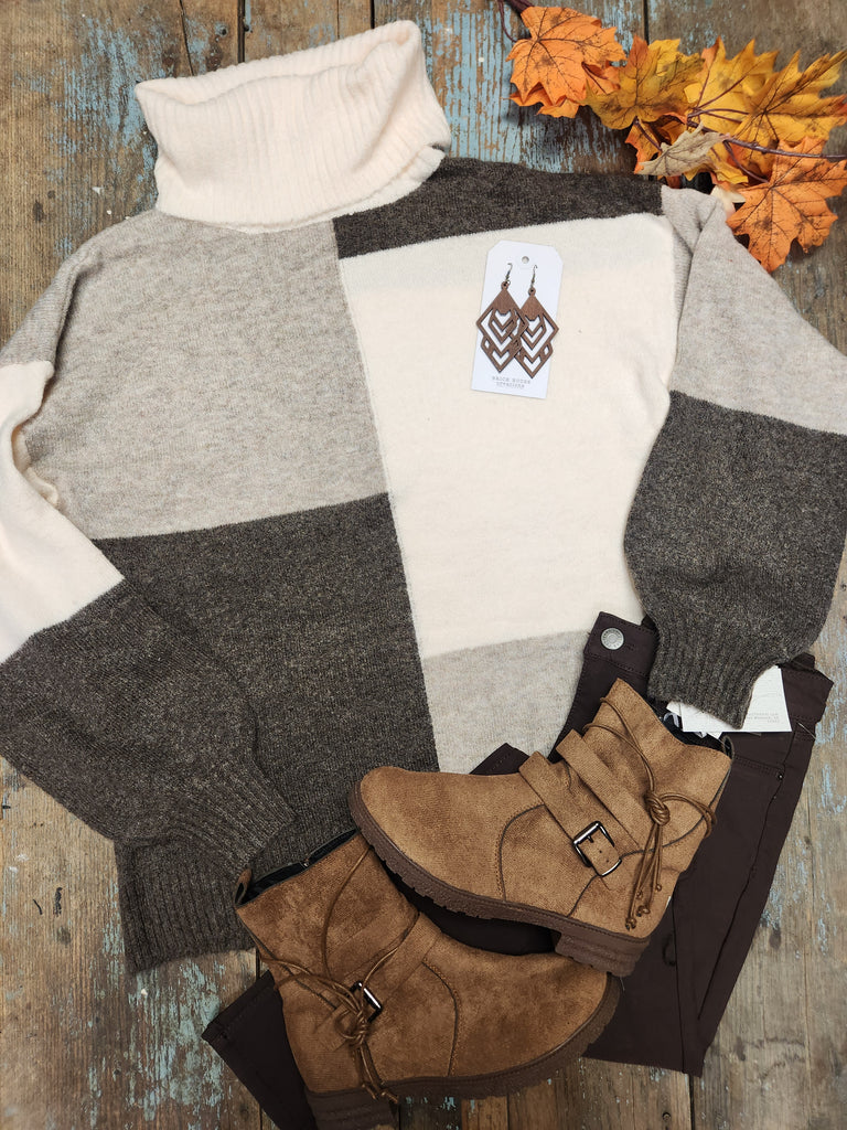 Mocha/Brown Color Block Turtle Neck Sweater