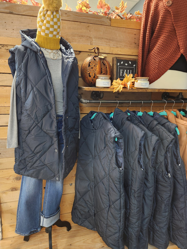 Navy Hoodie Puffer Long Vest