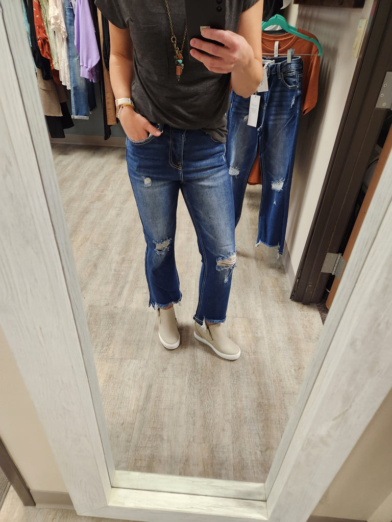 Risen High-Rise Crop Step Chew Jeans