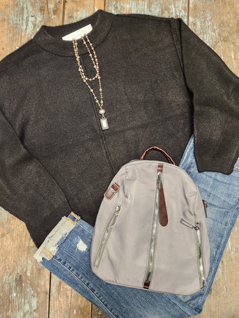 Black Front Seam Round Neck Sweater