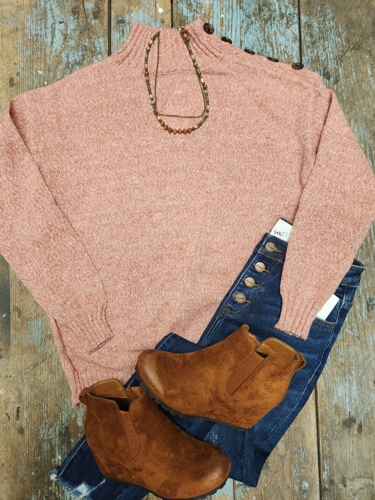 Light Rust Button Detail Mock Neck