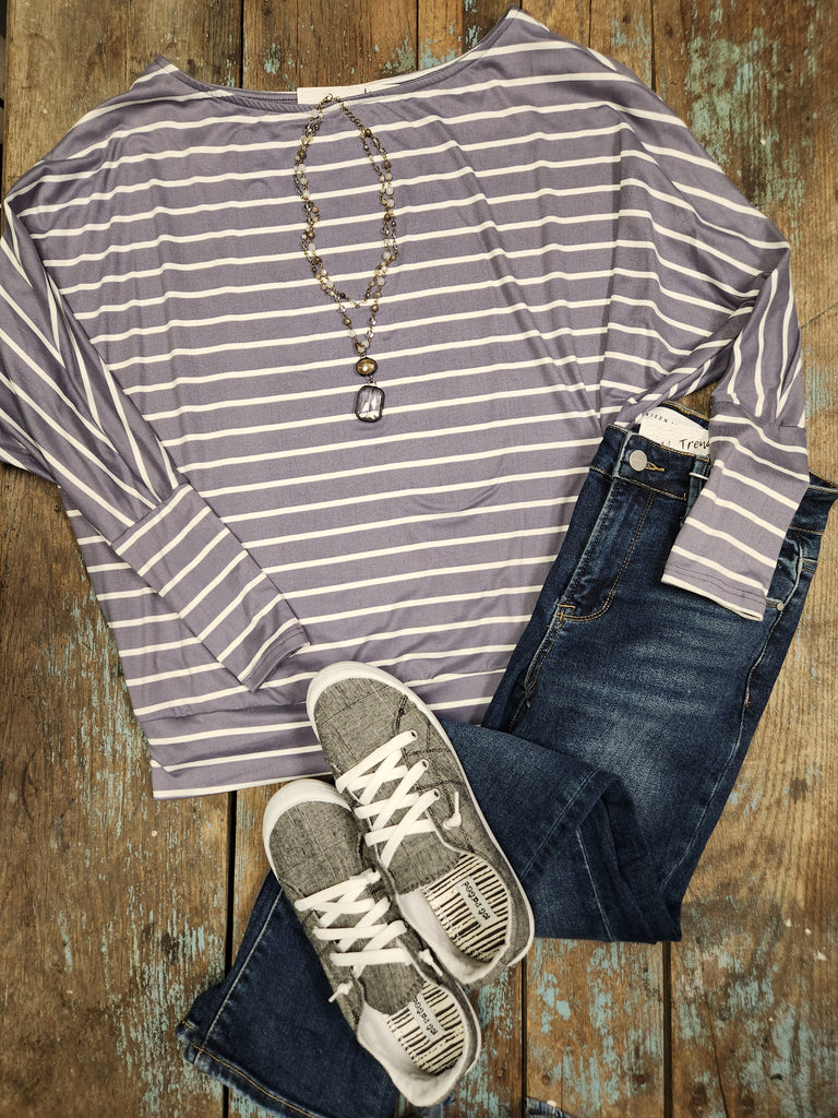 Lavender/Ivory Soft Stripe off shoulder tunic