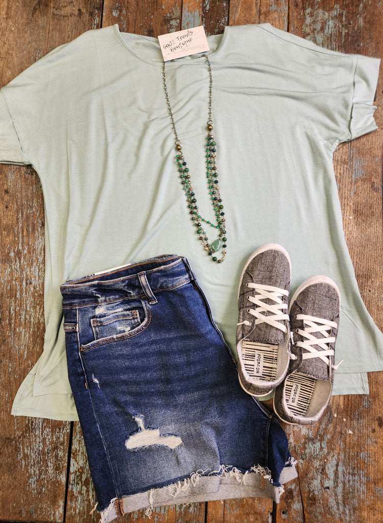 Curvy Light Green Boat Neck Top