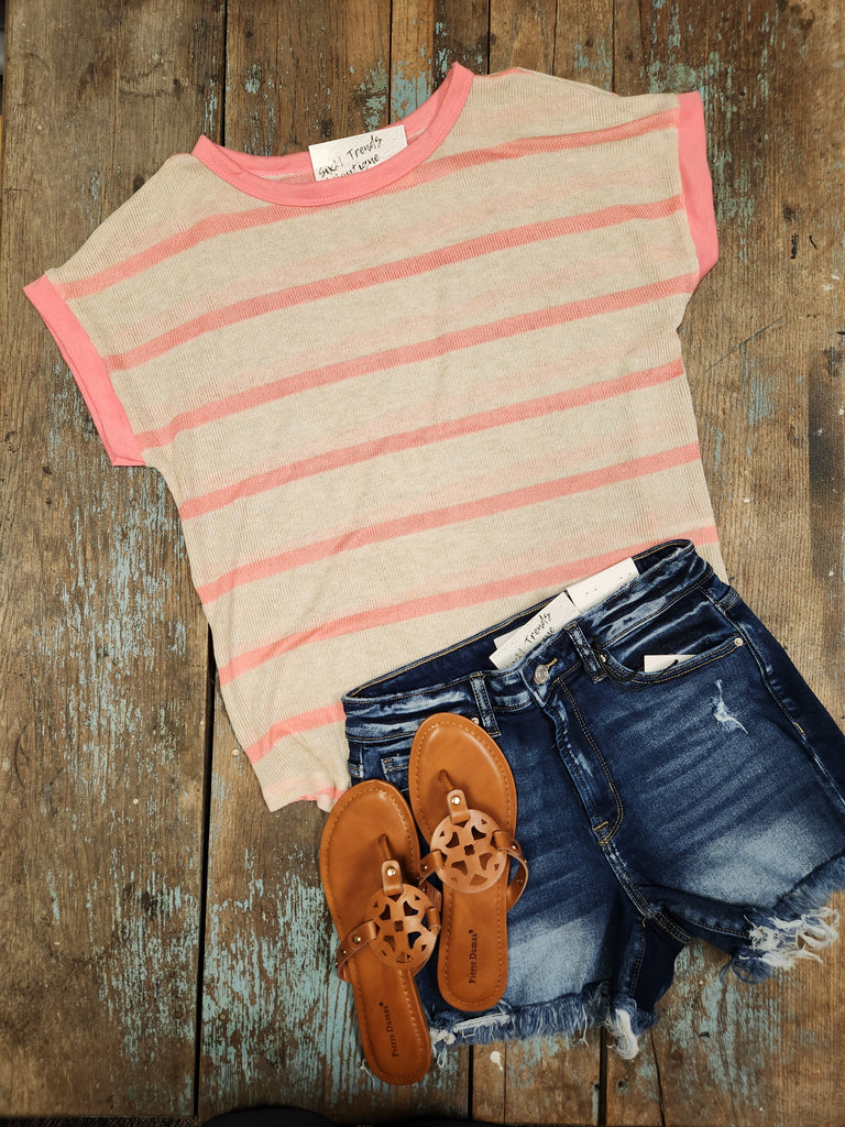 Oatmeal/Coral Striped Top