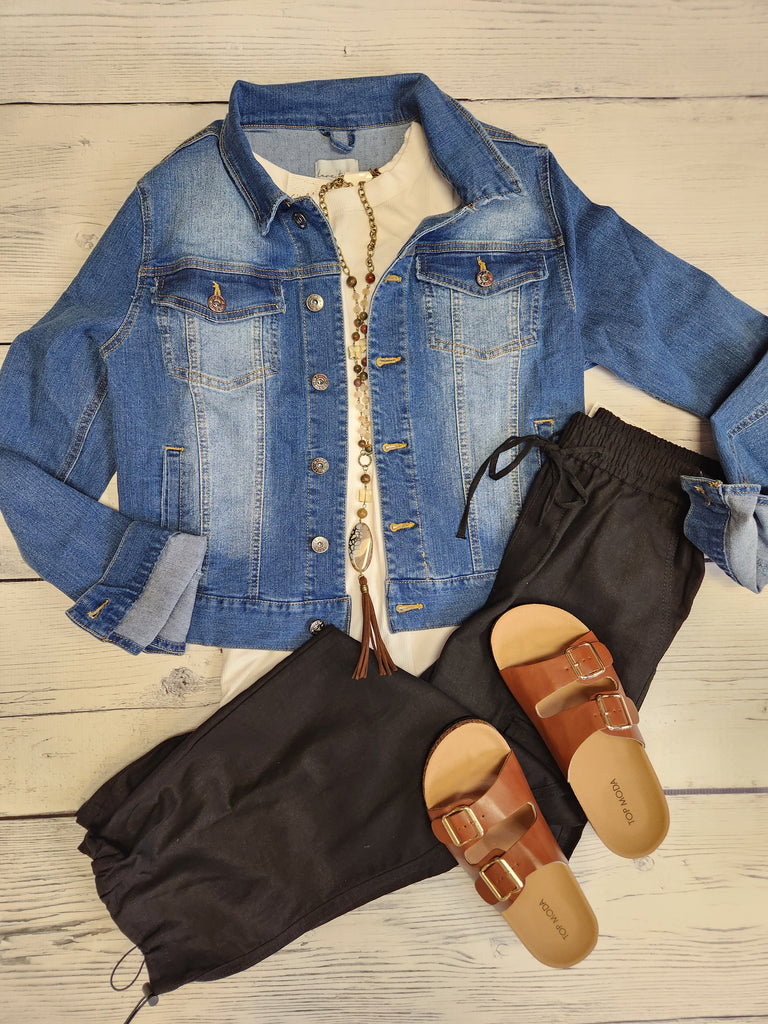 Distressed Button Up Stretchy Denim Jacket