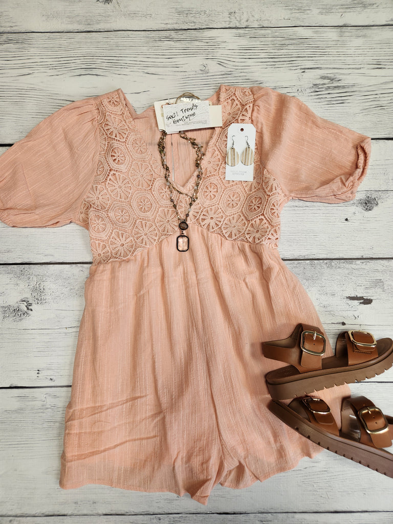 Lace Detail Puff Sleeve Solid Woven Romper