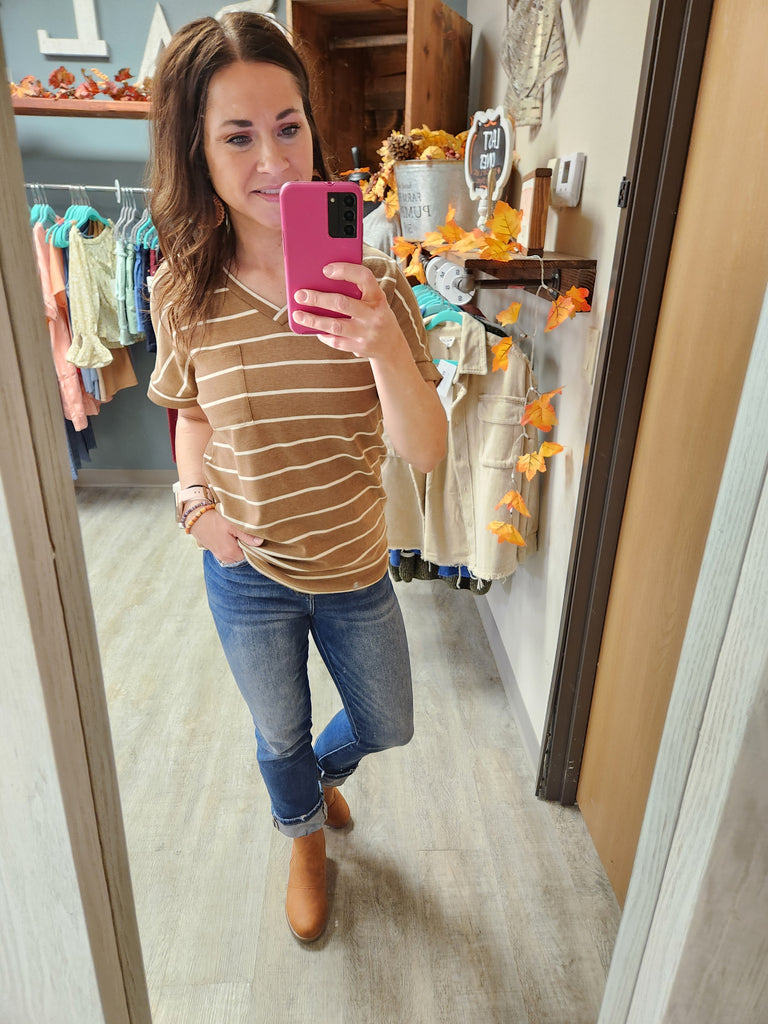 Brown Striped V-Neck Tee