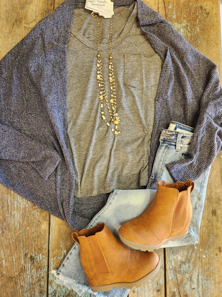 Navy Two Tone Waffle Texture Knit Cardigan