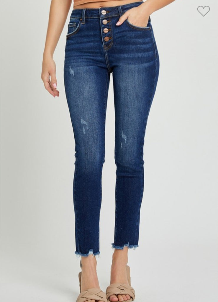 Risen Mid Rise Button Fly Raw Hem Skinny Jeans