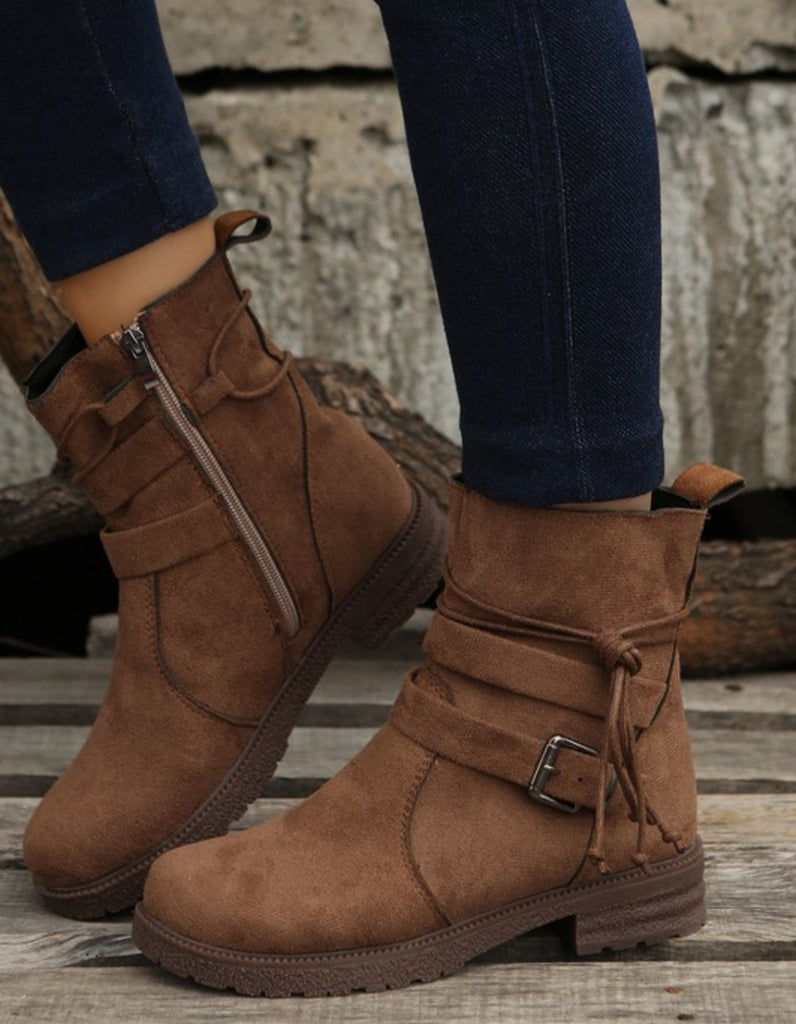 Faux Suede Zip Up Buckle Straps Ankle Boots