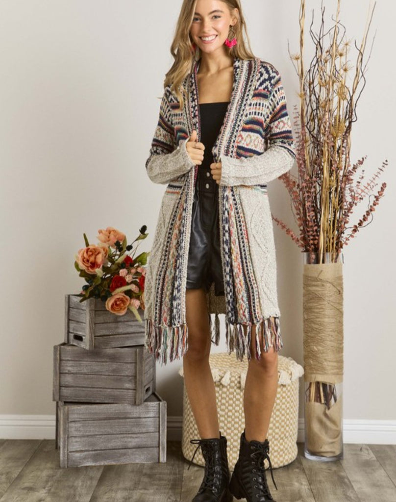 Beige Pattern Tassel Cardigan