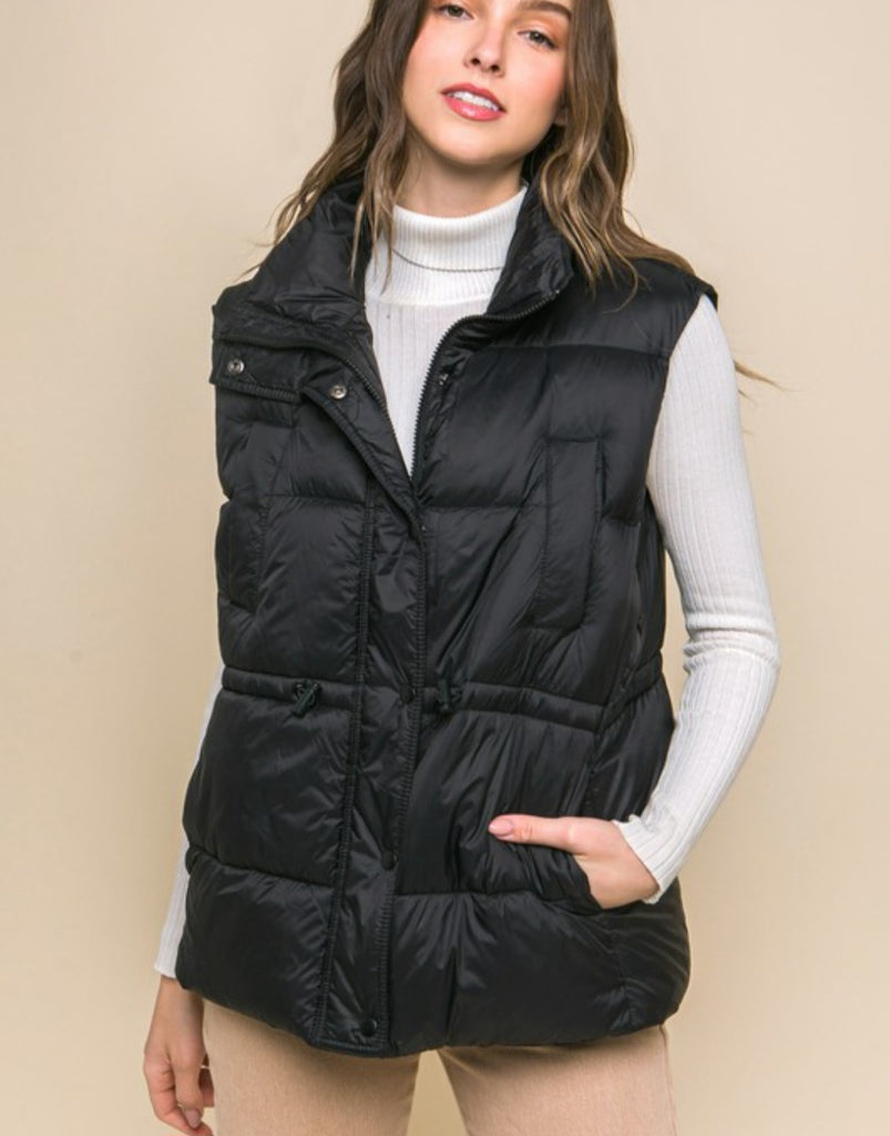 Black Zip Up Button Puffer Vest