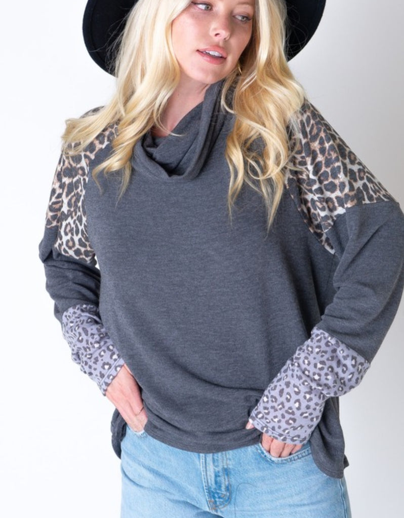 DOORBUSTER Leopard Print Cowl Neckline (Charcoal)