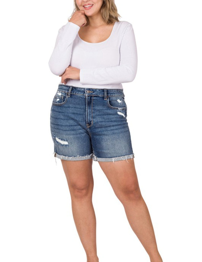 Curvy Distressed Cuff Raw Hem Denim Shorts