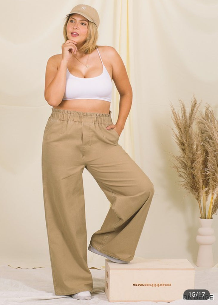 Curvy Stone Washed Paperbag Pants (Khaki colored)