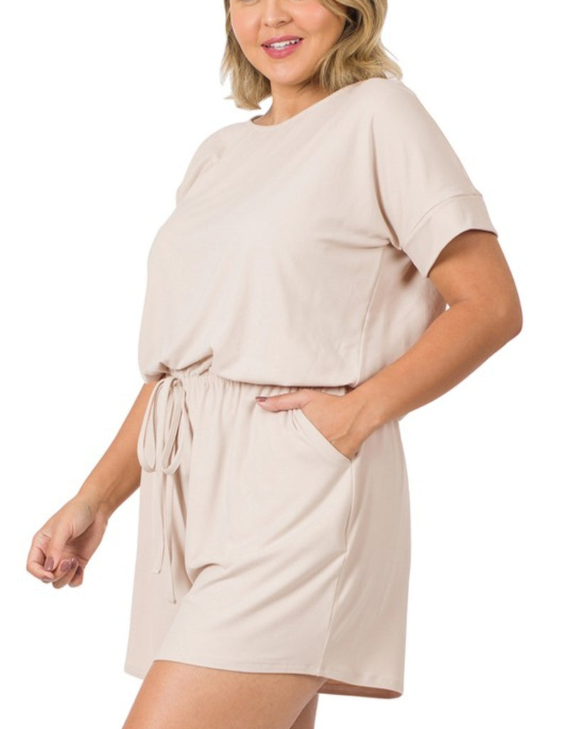CURVY Sand Beige Romper with Pockets
