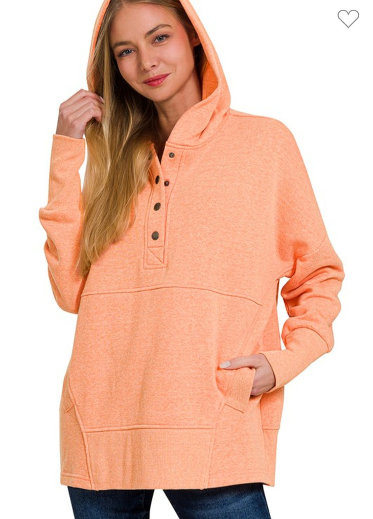 Half Button Fleece Hooded Pullover (Heather Light Orange)