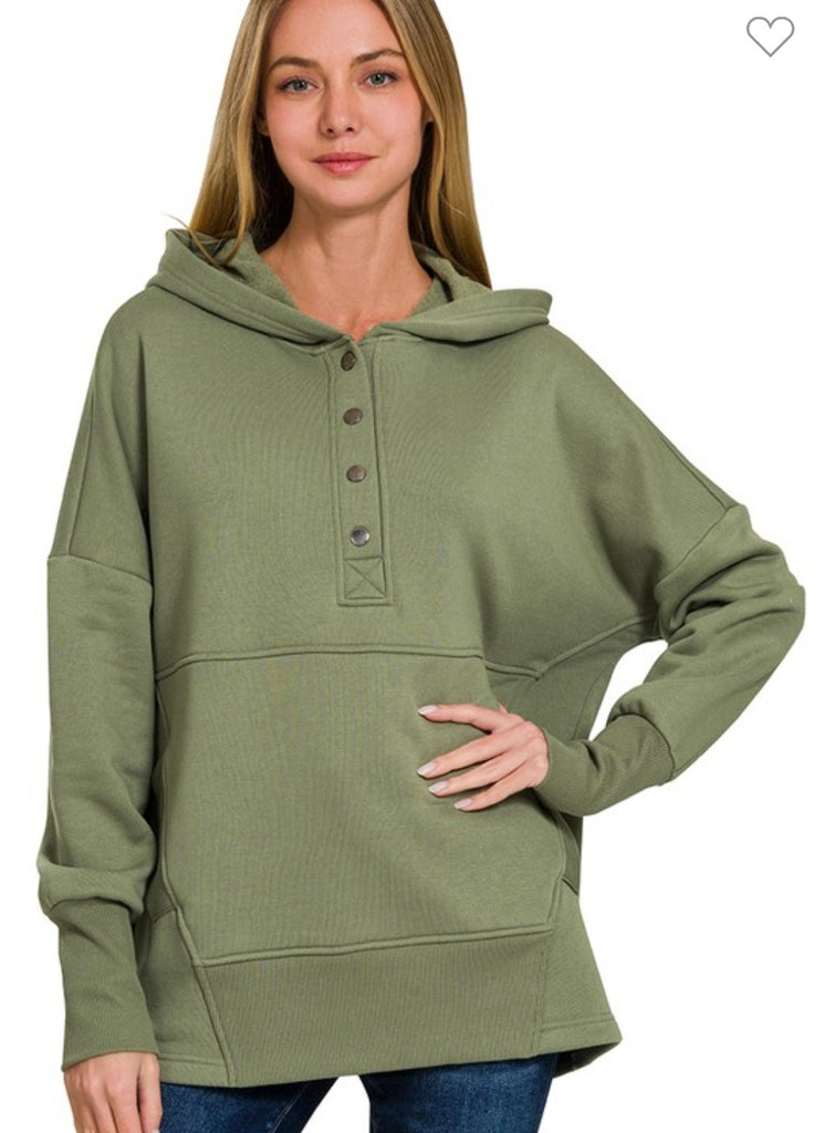 Half Button Fleece Hooded Pullover (2 Colors)