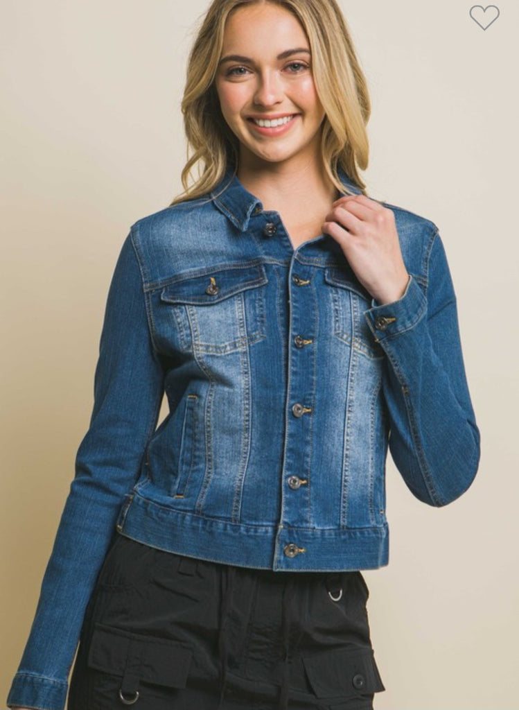 Distressed Button Up Stretchy Denim Jacket