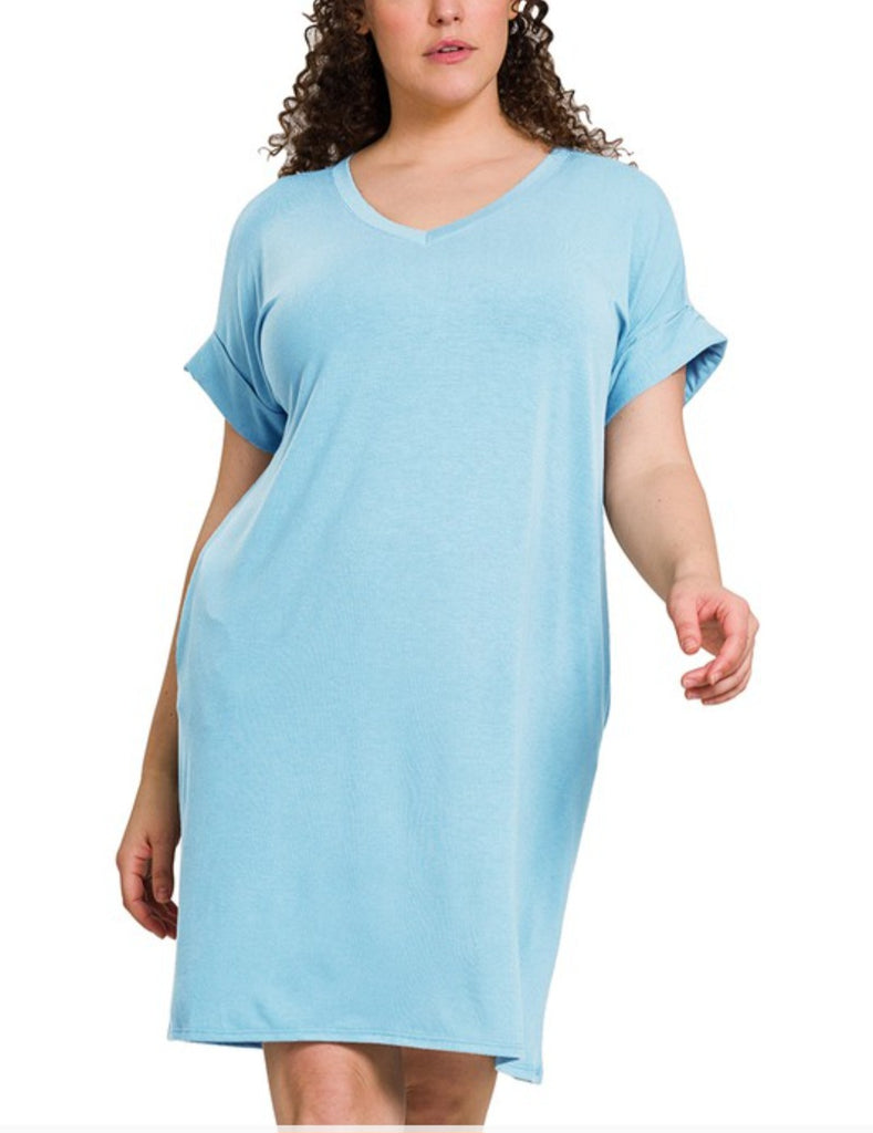 Curvy Rolled Short Sleeve V-Neck Dress