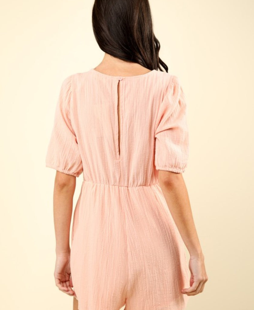 Lace Detail Puff Sleeve Solid Woven Romper