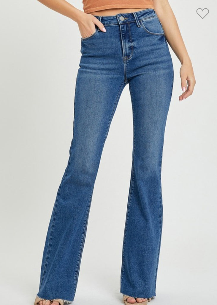 Risen High Rise Flare Raw Cut Hem Jeans
