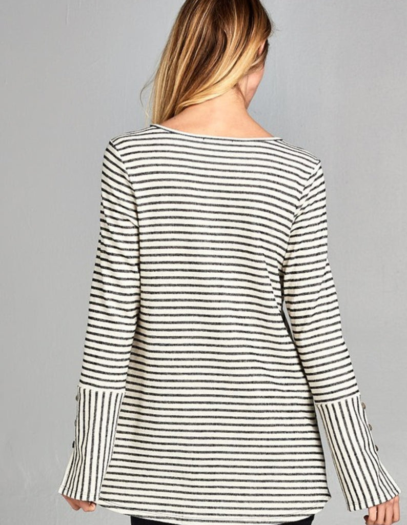 Oatmeal Stripe Button Sleeve Top