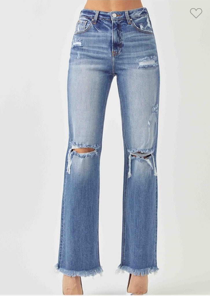 Risen Distressed High Rise Straight Jeans (Dark)