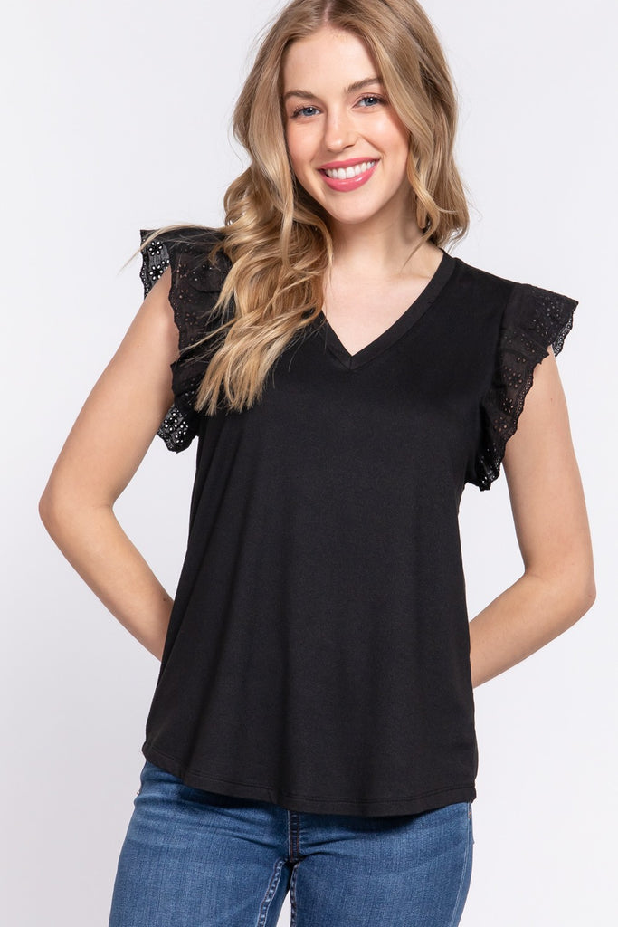 BUTTERFLY SHORT SLEEVE V-NECK KNIT TOP