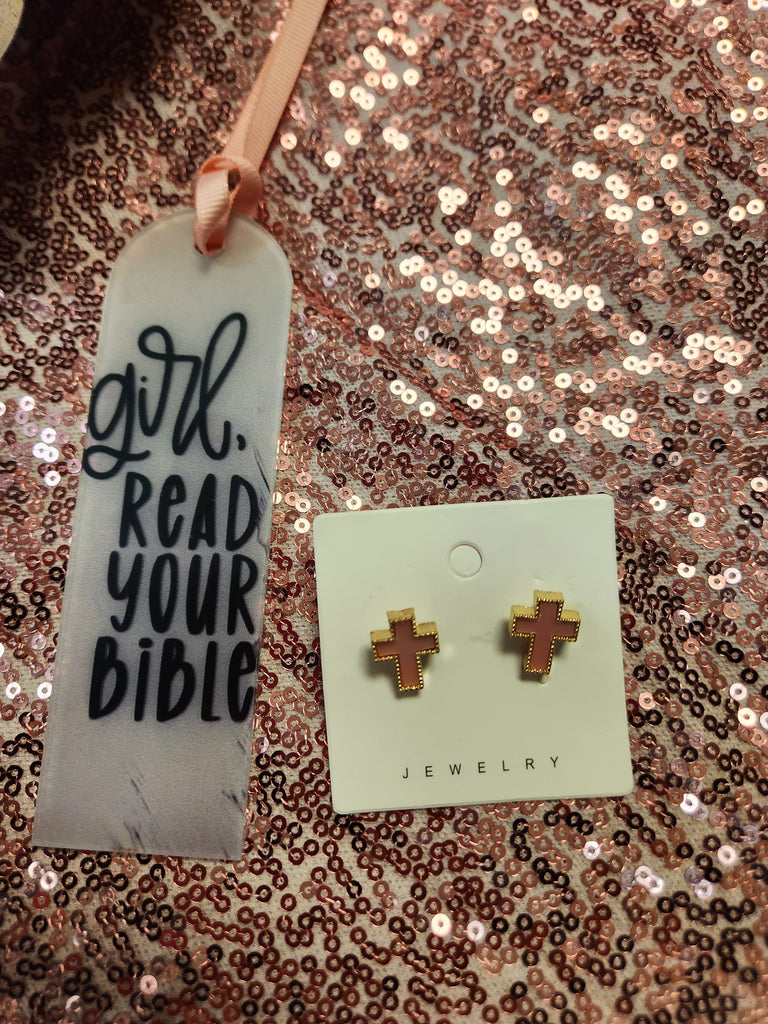 Pink Friday Acrylic Bookmark + Pink Cross Stud Earring Bundle