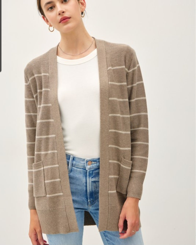 Mocha Classic Striped Open Front Cardigan