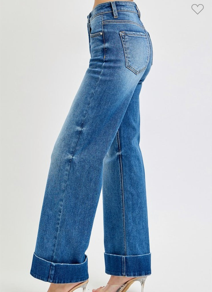 Risen Tummy Control High Rise Ankle Wide Cuffed Jeans