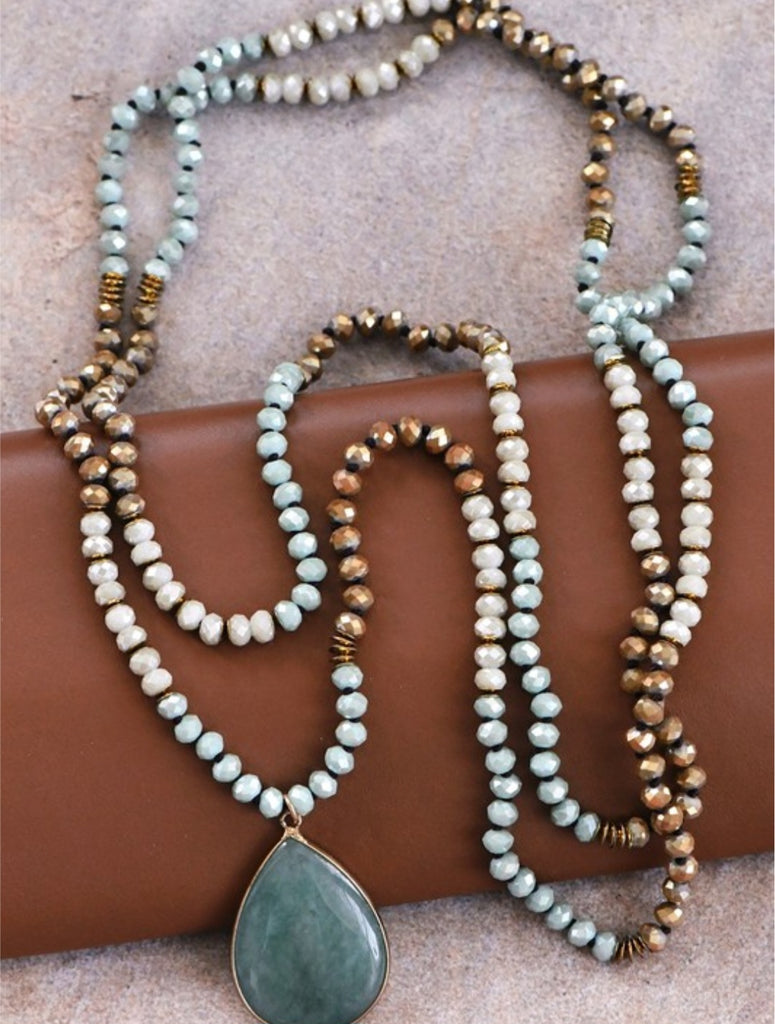 Green Long Beaded Wrap Necklace w/ Stone Drop Pendant