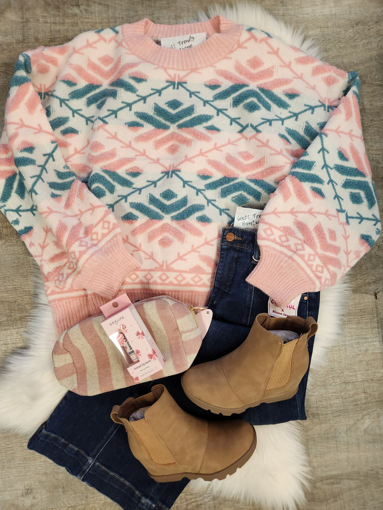 Pink/Teal Oversized Casual Knit Sweater