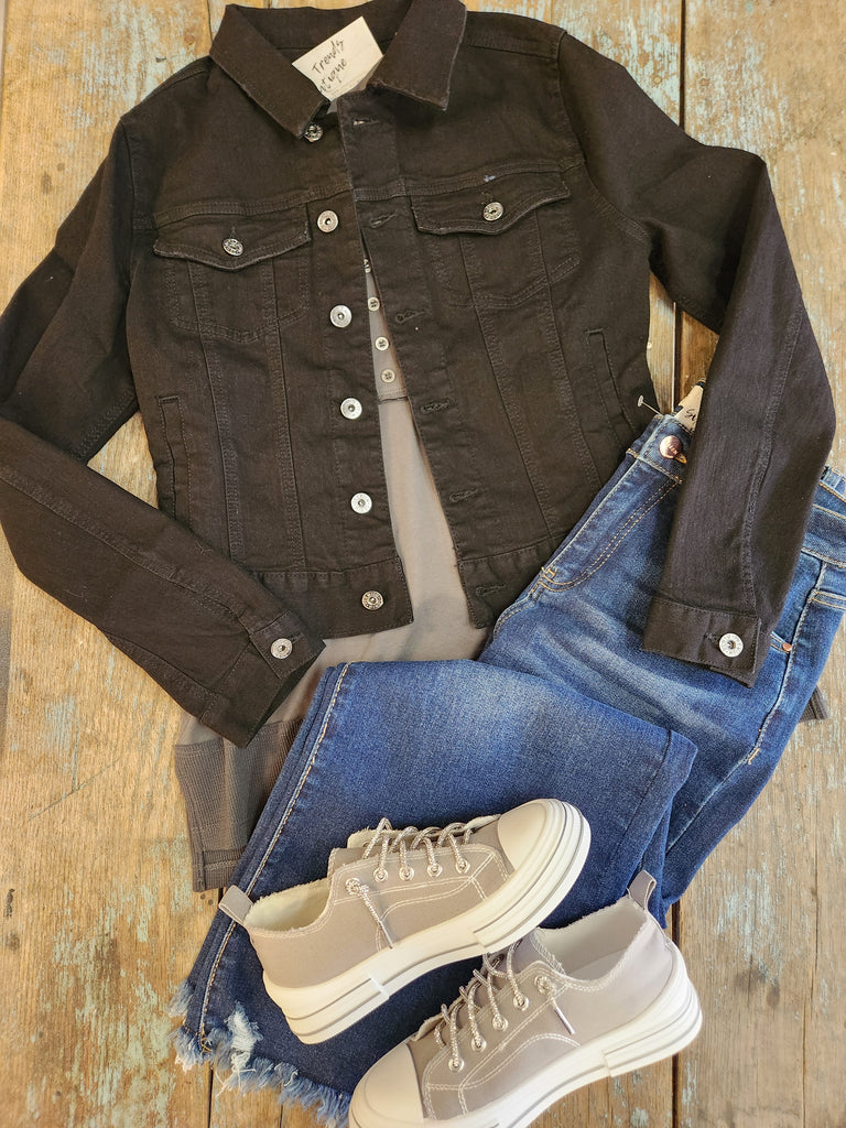 Distressed Button Up Stretchy Cotton Denim Jacket
