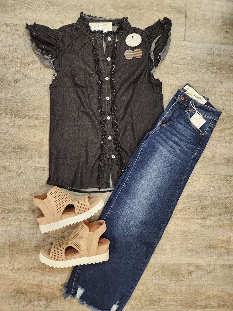 Black Denim Flutter Frayed Top