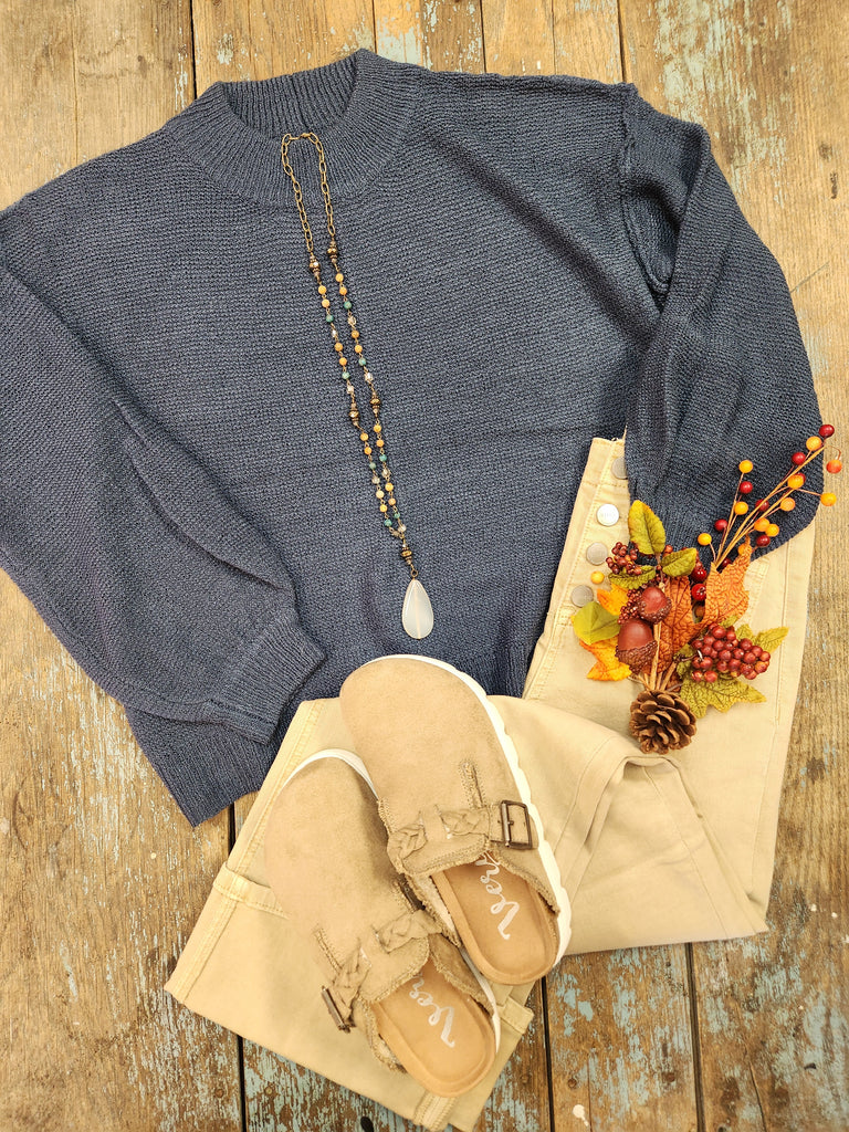 Denim Blue Mock Neck Fall Sweater