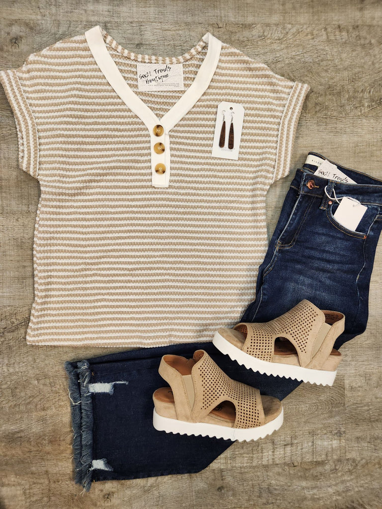 Khaki Button Front V-Neck