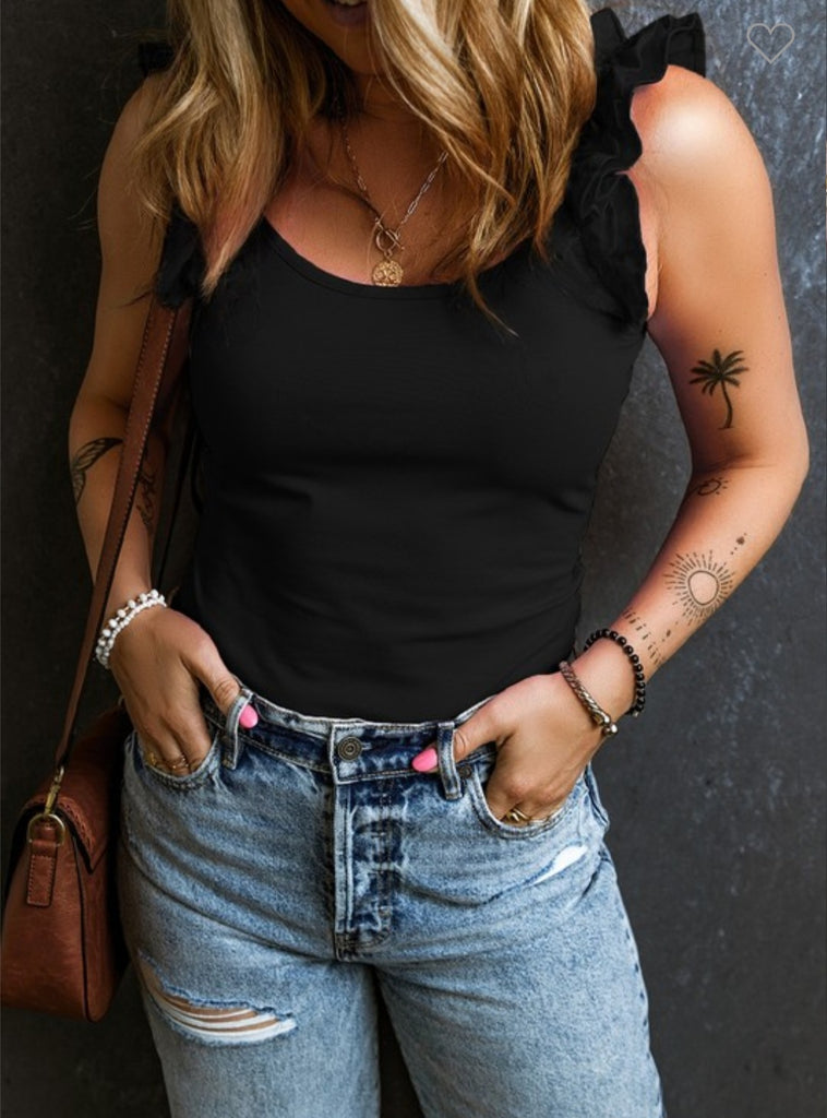 Black Ruffled Wide Strap Tank