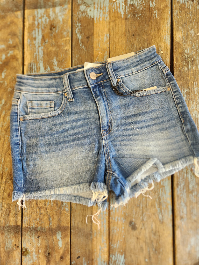 Zenana Mid Rise Raw Frayed Hem Denim Shorts