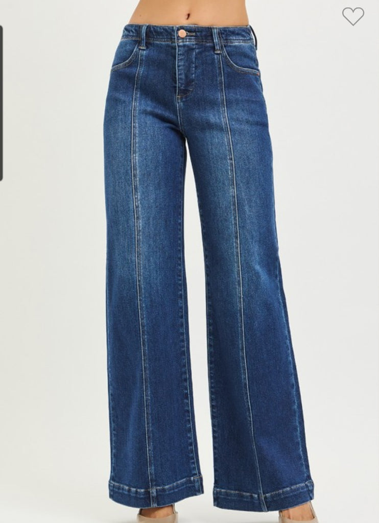 Risen Tummy Control Mid Rise Wide Leg W/ Front Seam Detail Jeans