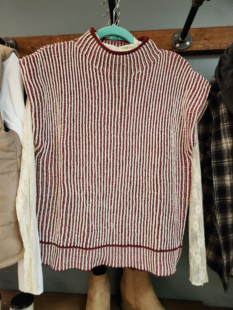 Burgundy Two Tone Ribbed Knit Sweater