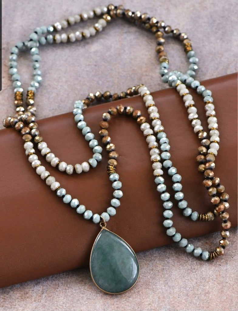 Green Long Beaded Wrap Necklace w/ Stone Drop Pendant