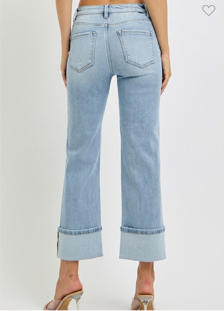 Risen High Rise Ankle Straight Wide Cuffed Jeans