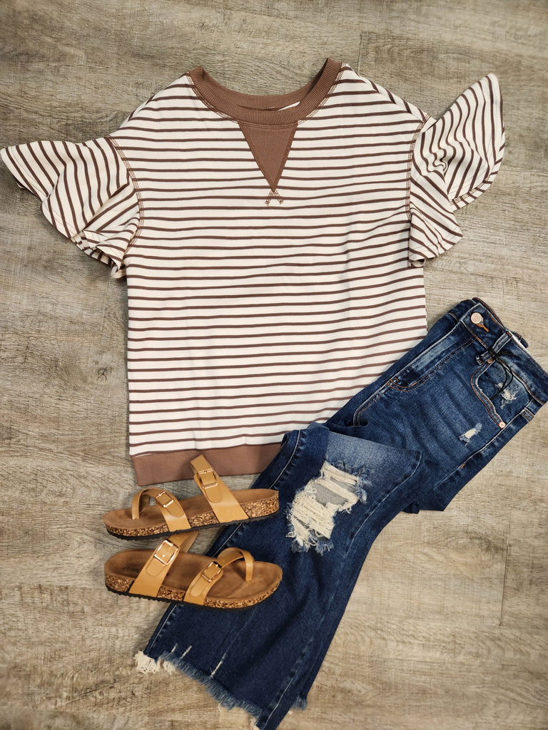 Khaki Striped Ruffle Round Neck Top