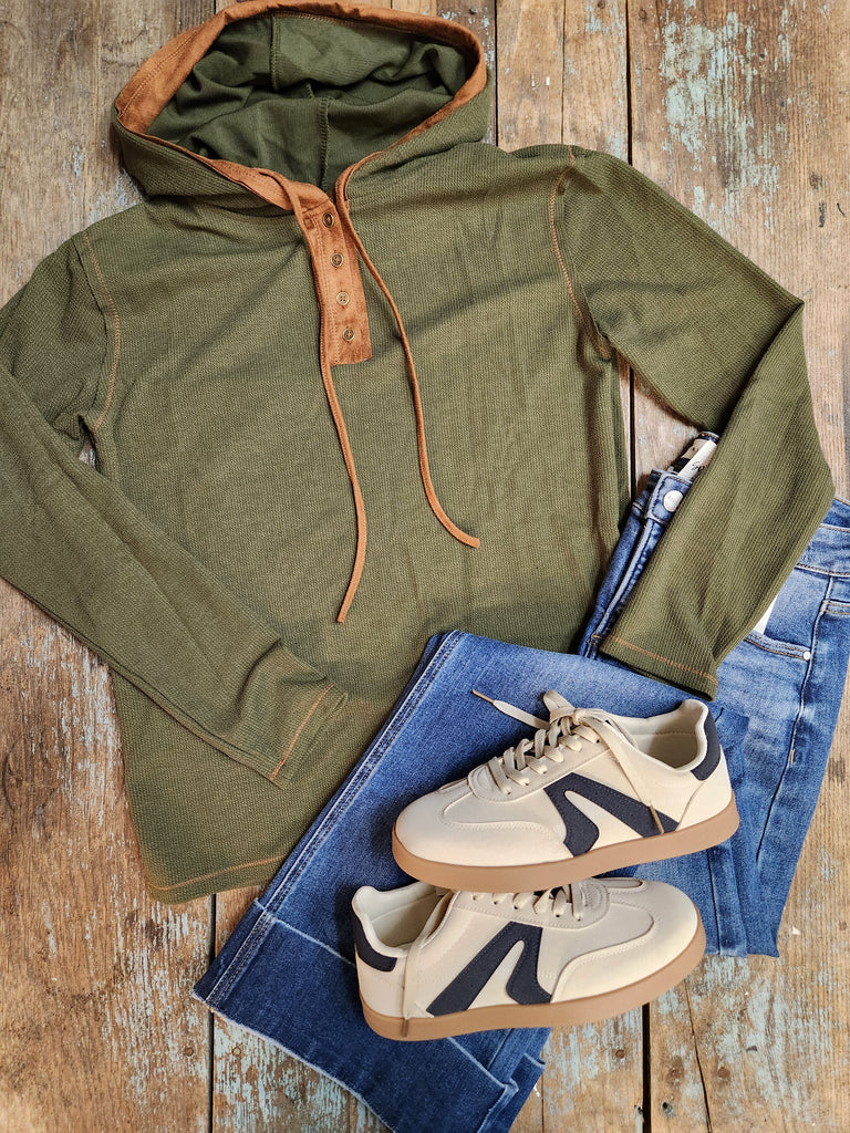 Olive Suede Contrasted Hoodie Knit Top